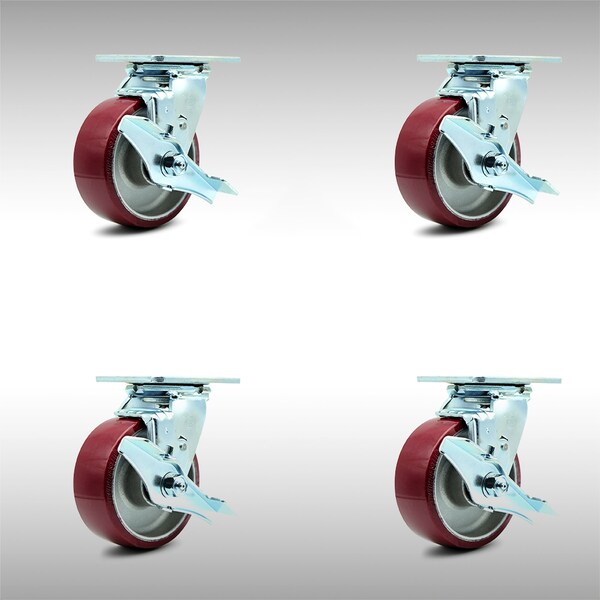 5 Inch SS Poly on Aluminum Caster Set with Roller Bearings and Brake/Swivel Lock